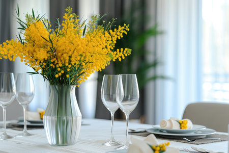 table setting. Bouquet of mimosa in a vase, plates and cutlery on a light tableの素材