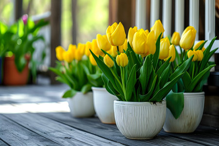 spring flowers yellow tulips in white pots stand on the porch of the houseの素材
