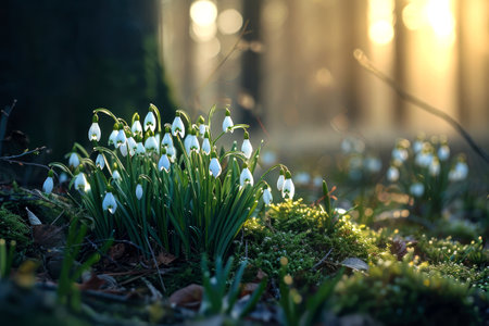 beautiful blooming snowdrop flowers growing in the forestの素材