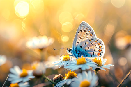 Spring flower meadow and a beautiful butterfly sitting on a flowerの素材