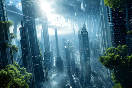 future city. futuristic city with tall buildings. smart, technological cityの素材