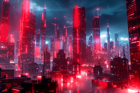 future city. futuristic city with neon lights and tall buildings. smart, technological cityの素材