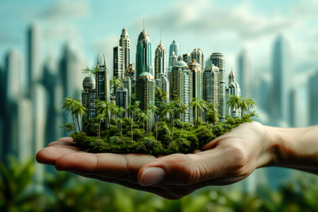 future city. futuristic city with tall buildings stands on a man's hand. The concept of creating a smart, technological city.の素材