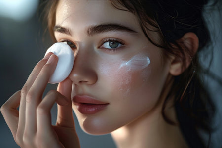 Portrait of a beautiful brunette girl applying cosmetic lotion with a cotton sponge to her face. facial skin careの素材