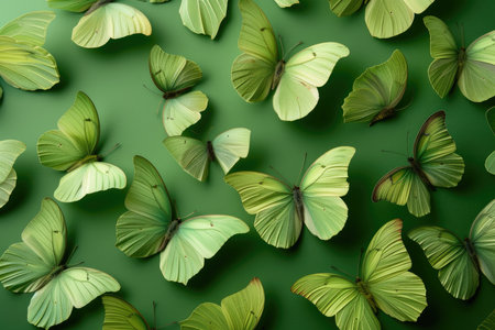 butterfly background. Background of beautiful green butterflies in a green shadeの素材