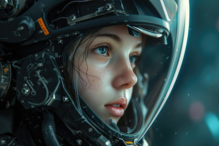 close-up portrait of a future woman in a space helmetの素材