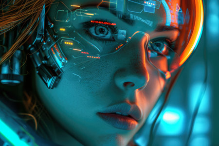 close-up portrait of a beautiful futuristic woman. people of the futureの素材