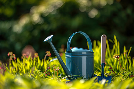 Spring gardening. A garden watering can and a shovel stand in the grass in the gardenの素材