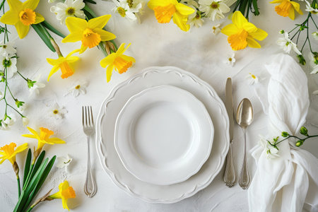 table setting. Plates and cutlery with spring flowers daffodils on a light tableの素材