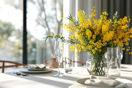 table setting. Bouquet of mimosa in a vase, plates and cutlery on a light tableの素材