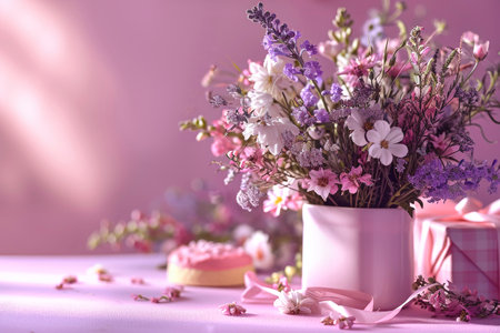 Women's Day, a beautiful bouquet of wild flowers in a vase and a cake on a pink background, a gift for International Women's Dayの素材