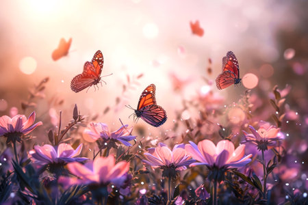 beautiful butterflies fly on a spring flower meadowの素材