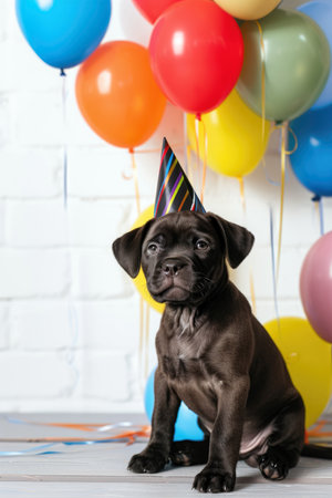 birthday. a small puppy in a festive cap sits next to festive balloonsの素材
