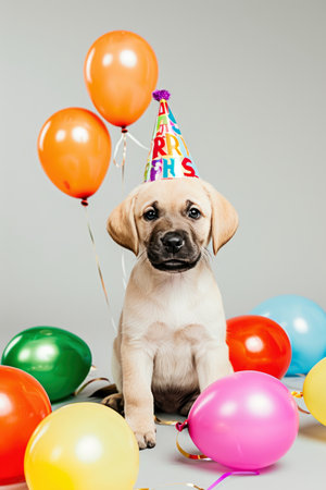birthday. a small puppy in a festive cap sits next to festive balloonsの素材