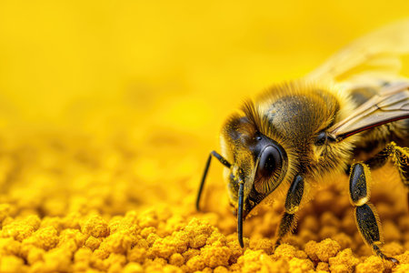 small bee close-up collecting pollen on a yellow background. macro.の素材