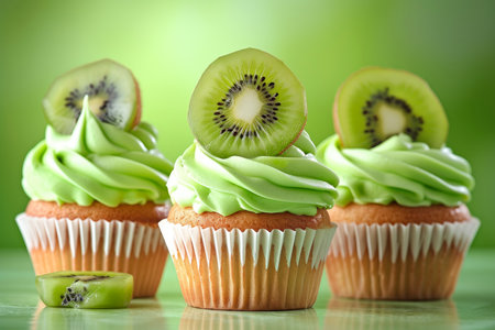 Delicious, sweet muffins with kiwi cream and fresh kiwi next to itの素材