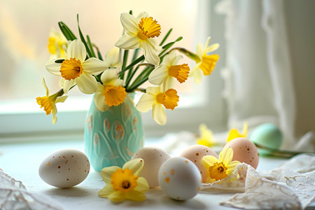 Easter. Easter eggs and spring flowers daffodils in a vase stands on the windowsillの素材