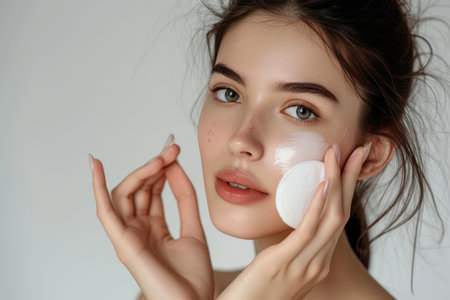 Portrait of a beautiful brunette girl applying cosmetic lotion with a cotton sponge to her face. facial skin careの素材