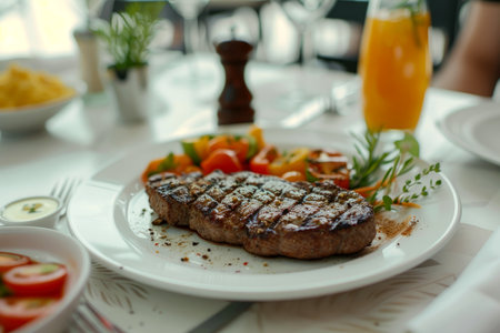delicious juicy steak with vegetables on a white plate in a restaurant on a white table.の素材