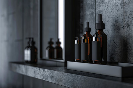 cosmetics packaging mockup. Bottles for cosmetics stand on a shelf in the bathroom interior. place to place advertising text.の素材
