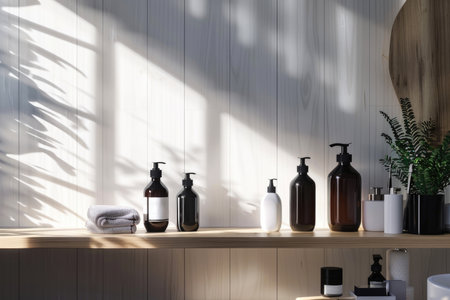 cosmetics packaging mockup. Bottles for cosmetics stand on a shelf in the bathroom interior. place to place advertising text.の素材