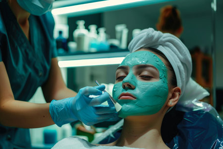 a cosmetologist applies a cosmetic mask to a girl's face in a cosmetology office. skin care. spa treatments. self care.の素材
