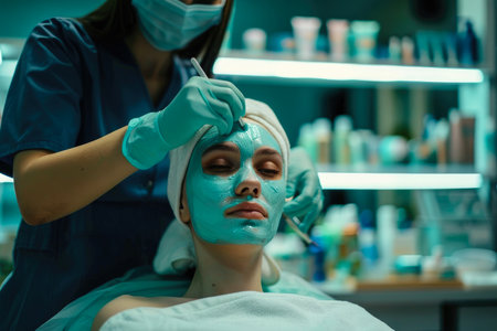 a cosmetologist applies a cosmetic mask to a girl's face in a cosmetology office. skin care. spa treatments. self care.の素材
