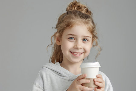 little girl holding a paper glass with cocoa on a gray backgroundの素材