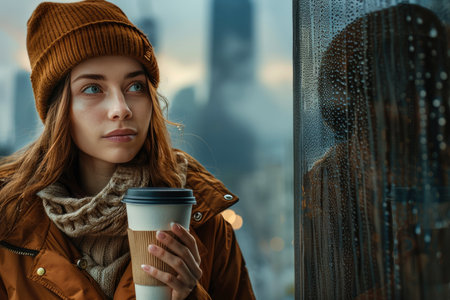 coffee to go. a beautiful girl with a glass of coffee in her hands walks around the cityの素材