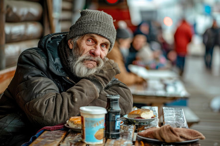 poor unfortunate homeless man sitting at the table and eating on the street. problems of poverty and miseryの素材