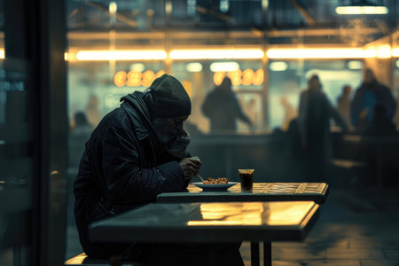 poor unfortunate homeless man sits at the table and eats in the canteen for the poor. problems of poverty and miseryの素材