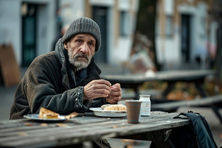 poor unfortunate homeless man sitting at the table and eating on the street. problems of poverty and miseryの素材