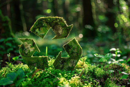 a green recycling sign stands in the forest against the background of the forest. signal to save and take care of our planet. environmental conservation.の素材