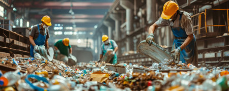 recycling. men sort garbage at a waste sorting and recycling plant. environmental conservation.の素材