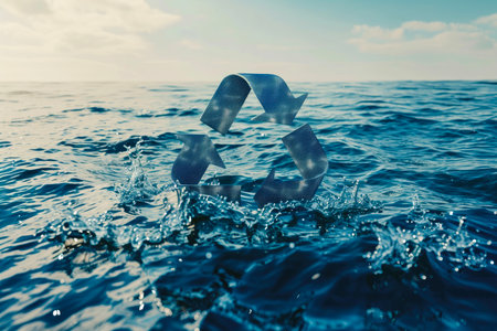water recycling icon on ocean background. a signal to protect and preserve clean seas and oceans. environmental conservation.の素材