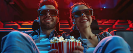 couple in love at the cinema. man and woman enjoying watching movies in the cinema with 3D glasses and popcornの素材