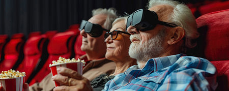 couple in love at the cinema. elderly man and woman enjoying watching movies in the cinema with 3D glasses and popcornの素材