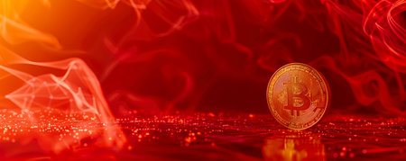 The concept of a hard fork of the Bitcoin Gold blockchain. Cryptocurrency symbol on a red background.の素材