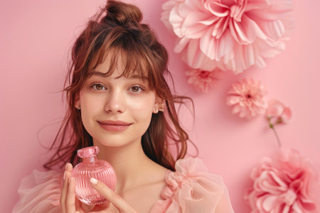 pretty girl with a bottle of perfume in her hands on a floral background. advertising posterの素材