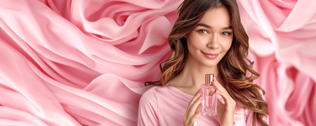 beautiful young girl with a bottle of perfume in her hands on a pink background. advertising poster or banner. space for textの素材