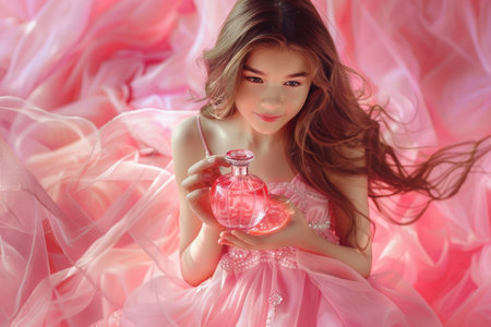 pretty girl with a bottle of perfume in her hands on a floral background. advertising posterの素材