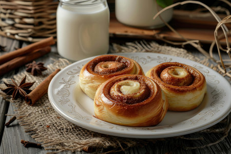 fresh, delicious Cinnabon buns. cinnamon rolls with cream on a plate and a fresh glass of milk on the table. tasty breakfastの素材