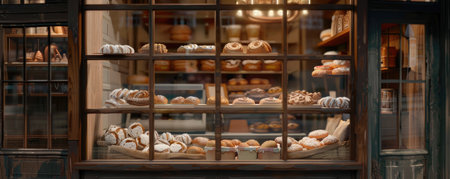 delicious Cinnabon buns. Cinnamon rolls with cream are sold in a bakery windowの素材