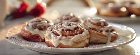 fresh, delicious Cinnabon buns. cinnamon rolls with cream on a plate on the table.の素材
