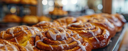 delicious Cinnabon buns. Cinnamon rolls with cream are sold in a bakery windowの素材