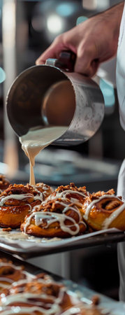 pastry chef pours cream on delicious Cinnabon buns in a pastry shopの素材