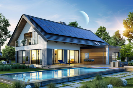 energy efficient house. Green house. beautiful private house with solar panels on the roofの素材
