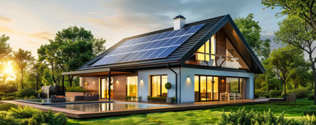 energy efficient house. Green house. beautiful private house with solar panels on the roofの素材