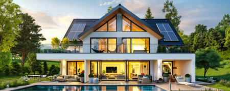 energy efficient house. Green house. beautiful private house with solar panels on the roofの素材