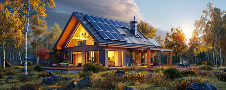 energy efficient house. Green house. beautiful private house with solar panels on the roofの素材
